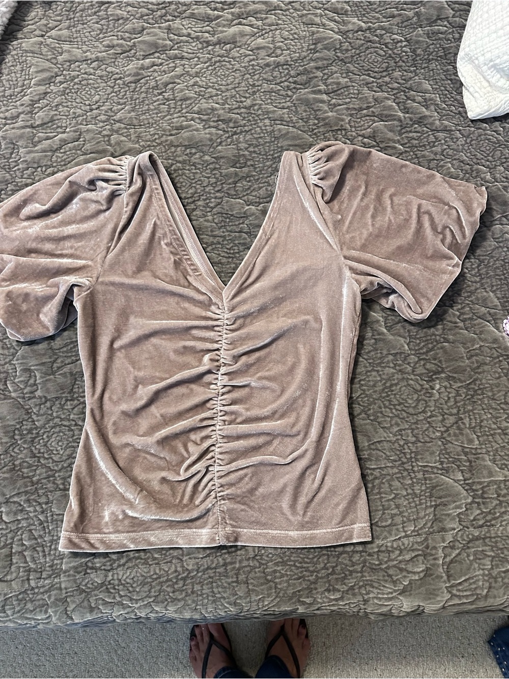 Free People Taupe Velvet Ruched V-Neck Puff Sleeve Top